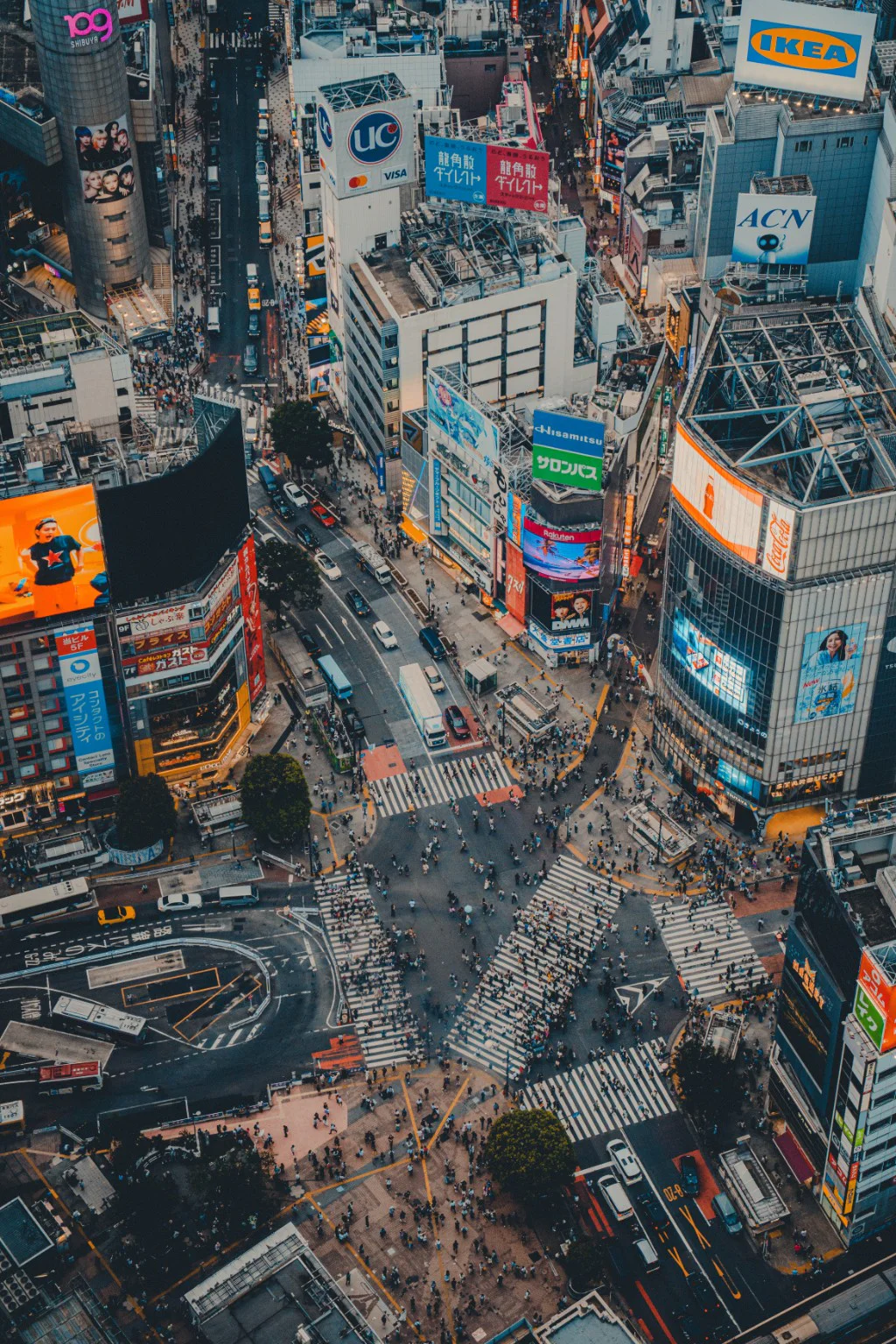 An elevated view of a crowded city crossing in Tokyo